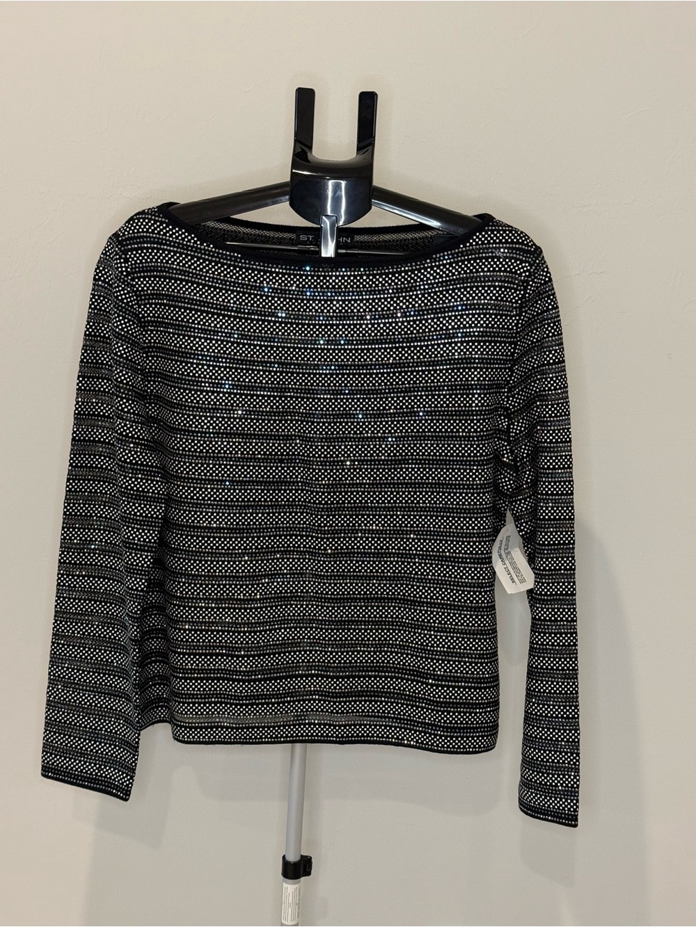 St. John Black Long-Sleeve Top with Silver Rhinestone Stripes